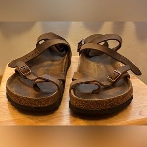 Birkenstock Yara Oiled Leather Sandals in Tobacco with Ankle Strap